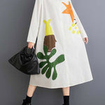 A-Line Long Sleeves Buttoned Pockets Printed Split-Joint Lapel Midi Dresses Shirt Dress
