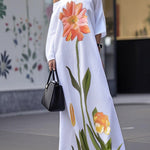 Loose Three-Quarter Sleeves Asymmetric Flower Print Pockets One-Shoulder Maxi Dresses