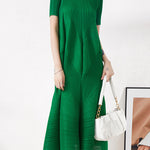 Casual Short Sleeves Pleated Solid Color Round-Neck Midi Dresses