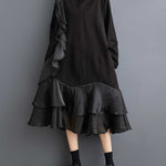 A-Line Long Sleeves Contrast Color Pockets Ruffle Trim Split-Joint V-Neck Midi Dresses