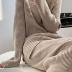 Urban Loose Solid Round-Neck Split-Side Sweater& Wide Leg Pants Suits