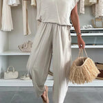 Leva Linen Blend Drawstring Short Sleeve Top and Elastic Waist Pocket Loose Tapered Pants