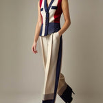 High Waisted Loose Contrast Color Elasticity Pockets Pants Trousers