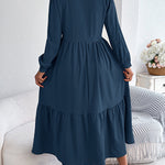High Waisted Long Sleeves Pleated Ruffled Solid Color Lapel Midi Dresses Shirt Dress