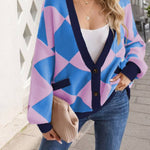 V-neck Diamond Stitching Contrast Color Loose Knitted Cardigan Jacket for Women