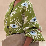 Mysterious Magic Knit Eye Heart Pattern Button Up Long Sleeve Loose Cardigan