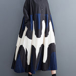 A-Line Long Sleeves Contrast Color Pleated Printing Split-Joint Polo Midi Dresses