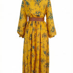A-Line Elasticated Waist Belted Buttoned Contrast Color Flower Print Pleated Split-Joint Lapel Maxi Dresses Shirt Dress