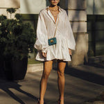 Puff Sleeves Buttoned Solid Color Split-Joint Lapel Mini Dresses Shirt Dress