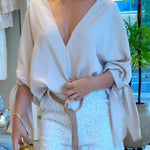 Joyful Bond Linen Blend V-neck Knotted Cuff Half Sleeve Loose Top