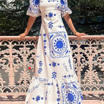 A-Line High Waisted Contrast Color Pleated Printed Ruffled Split-Joint Square-Neck Midi Dresses