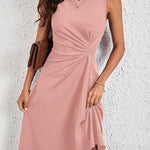 A-Line High Waisted Asymmetric Pleated Solid Color Split-Joint Round-Neck Midi Dresses