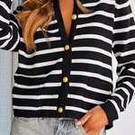 Casual Daily Stripe Buttons Weave O Neck Outerwear