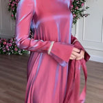 A-Line Long Sleeves Pleated Solid Color Tied Waist Zipper Round-Neck Maxi Dresses