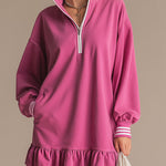 Sporty Retro Pink Cotton Half-Zip Ruffle Sweatshirt Mini Dress