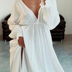 Casual V-neck Slit Cotton and Linen Dress