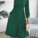 Elasticated Waist High Waisted Pleated Solid Color V-Neck Midi Dresses