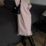 High Waisted Long Sleeves Fringed Solid Color Round-Neck Midi Dresses Sweater Dresses