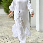 Tehla Linen Blend Ring Tie-up Detail Midi Blouse and Elastic Waist Pocketed Loose Pants Set