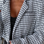 Stylish Look Houndstooth Padded Shoulder Pocket Crop Blazer Jacket