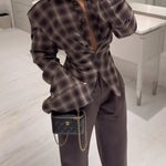Vintage Plaid Shoulder Pad Buttons Long Sleeve Angled Hem Shirt