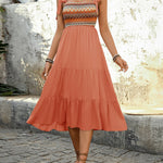 A-Line High Waisted Contrast Color Jacquard Pleated Split-Joint Adjustable Straps Midi Dresses