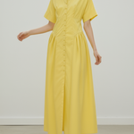 Loose Short Sleeves Buttoned Pleated Solid Color Lapel Collar Midi Dresses Shirt Dress
