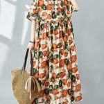 Half Sleeves Loose Pleated Printed Split-Joint Round-Neck Midi Dresses