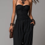 Vacation-style Strapless Pleated Cotton Blend Jumpsuit