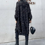 Irregularity Long Sleeves Asymmetric Mesh Pockets See-Through Solid Color Split-Joint Tasseled Stand Collar Midi Dresses