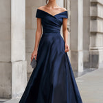 Navy Off-the-Shoulder Satin  Gown