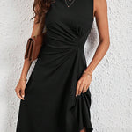 A-Line High Waisted Asymmetric Pleated Solid Color Split-Joint Round-Neck Midi Dresses