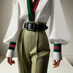 Long Sleeves Loose Contrast Color Pleated V-Neck Blouses&Shirts Tops