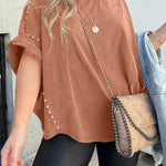 WASHED ROLL UP SLEEVE STUDDED OVERSIZED TEE