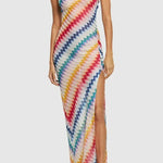 Vacay Charm Knit Colorful Zigzag Pattern One Shoulder Slit Maxi Dress