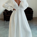 Casual V-neck Slit Cotton and Linen Dress