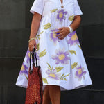 Loose Short Sleeves Flower Print V-Neck Midi Dresses