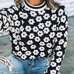 Mock Neck Floral Print Knitted Sweater Color Block Light Weight Sweater