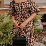 Brown Leopard Print Puff Sleeve Ricrac Maxi Dress