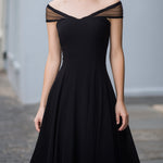 Off-Shoulder Mesh Trim A-Line Midi Dress