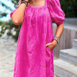 Loose Puff Sleeves Jacquard Solid Color Square-Neck Mini Dresses