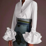 Flared Sleeves Bow-Embellished Falbala Solid Color Lapel Blouses&Shirts Tops