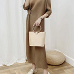 Half Sleeves Irregular Clipping Pleated Solid Color Round-Neck Midi Dresses