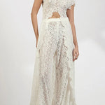 Elegance Avant-garde Floral Lace Short Sleeve High Low Top and High Rise Wide Leg Pants Set
