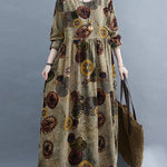 Artistic Retro Loose Long Sleeves Printed Round-Neck Maxi Dresses