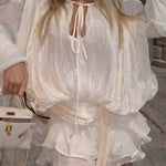 Ninah Glitter Fabric Pleated Balloon Sleeve Tiered Ruffle Hem Mini Dress