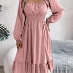 A-Line Elasticated Waist Pleated Ruffled Solid Color Square-Neck Midi Dresses