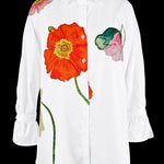 Flared Sleeves Long Sleeves Flower Print Split-Joint Tied Stand Collar Blouses&Shirts Tops
