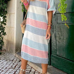 Multicolor Striped Color Block Loose Fit Half Sleeve Maxi Dress