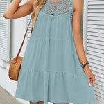 A-Line Loose Hollow Pleated Solid Color Split-Joint Round-Neck Mini Dresses